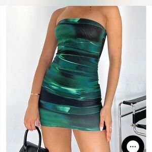 White Fox multicolor stretch mesh strapless dress Bodycon zip mini groovy M